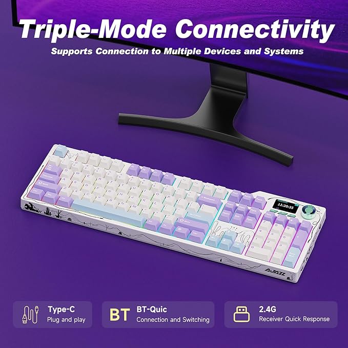 Ajazz AK35I V4 Customizable Wireless Gaming Mechanical Keyboard Wired/Wireless 2.4G/BT Gasket Structure 10000mAh Battery Full-Color RGB 1.14-inch Color Screen Knob Multi-Function Keys.