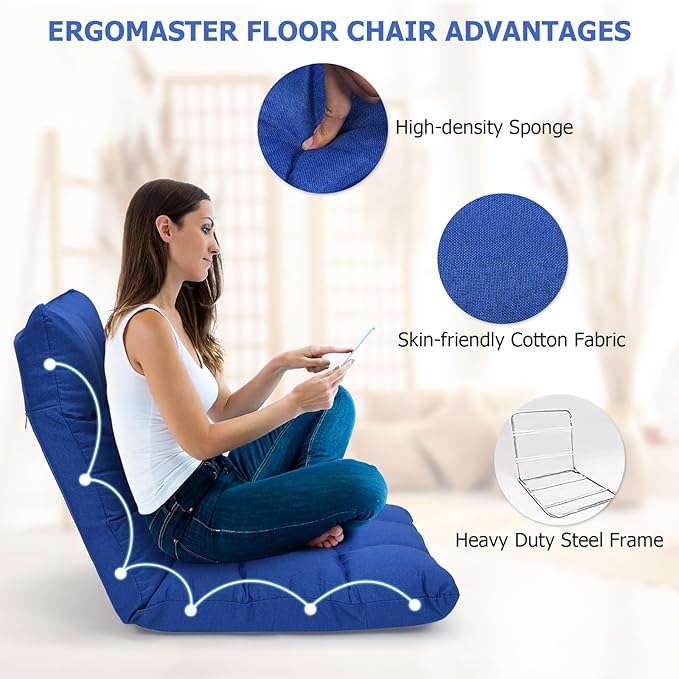 ERGOMASTER Floor Chair with Back SupportAdjustable Folding Gaming Chair 14-Position Cushioned Lazy Sofa for TV Reading MeditatingGaming for Adults(Navy Blue)