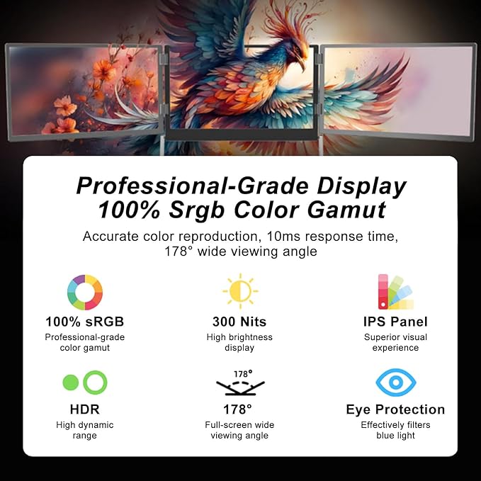 100% sRGB 1080P IPS Laptop Screen Extender Triple Monitor 15.6 Foldable Portable Display for Laptop Height Adjustable