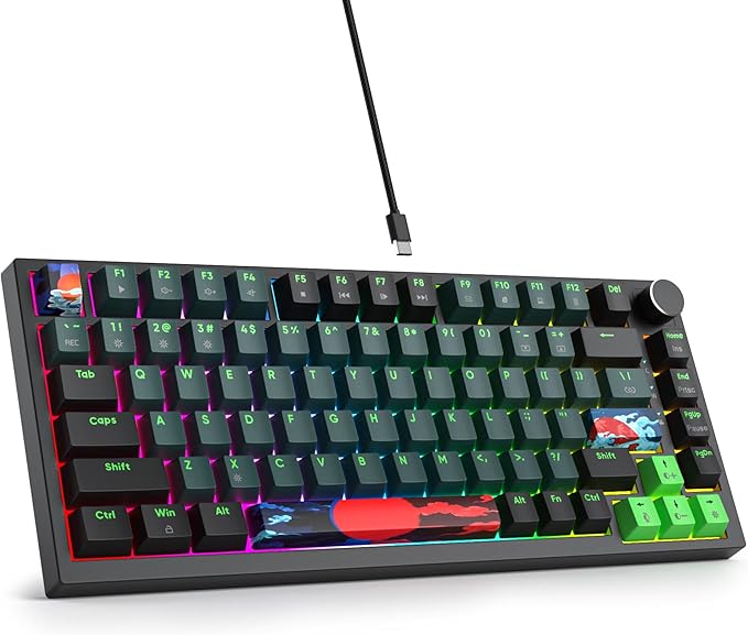 75 Percent Keyboard Gasket-Mounted with Sound Absorbing Pads 82-Key Compact Wired RGB Mechanical Gaming Keyboard Hot-Swap Socket for Win Sound Wave