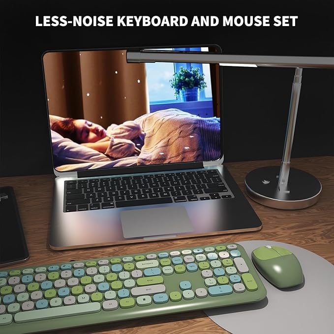 Wireless Keyboard and Mouse Combo Colorful Ergonomic Full Size Retro Low-Noise Keyboard with Cute keycaps Compatible with Windows PC Perfer for Home and Office Keyboards (Green)