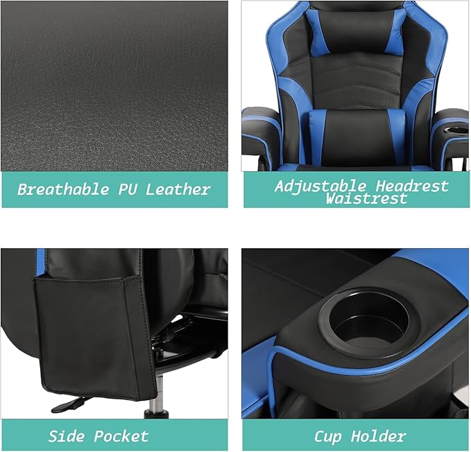LVUYOYO Reclining Gaming Chair Massage Gaming Chairs for Adults High Back PU Leather Game Recliner w/Adjustable Height Swivel Game Chair with Lumbar Support Cup Holder Headrest