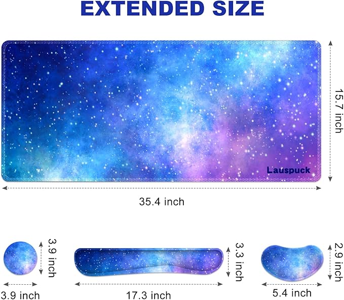 Desk Mat Gaming Mouse Pad Wrist Rest Support Combo XXL Large Mousepad + Keyboard Wrist Support +Mouse Wrist Rest+Coaster Set with Ergonomic Design 4in1 for Home Office Nebula Galaxy