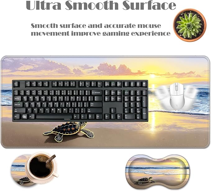 Ergonomic Keyboard Wrist Rest &amp Mouse Pad Wrist Rest SetXL Gaming Desk Mat 31.5x 11.8Non-Slip BaseMemory FoamEasy Typing Pain Relief for Office &amp HomeSea Turtle on Beach Sunset