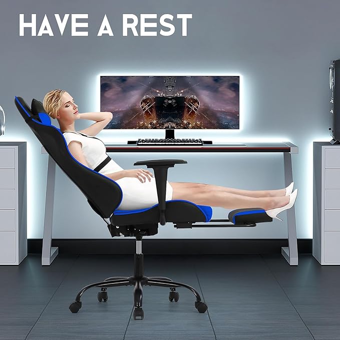 BLKMTY Gaming Chair with Footrest Ergonomic Office Racing Computer Chair with PU Leather High Back Lumbar Support Headrest Adjustable Height Reclining Chairs Blue