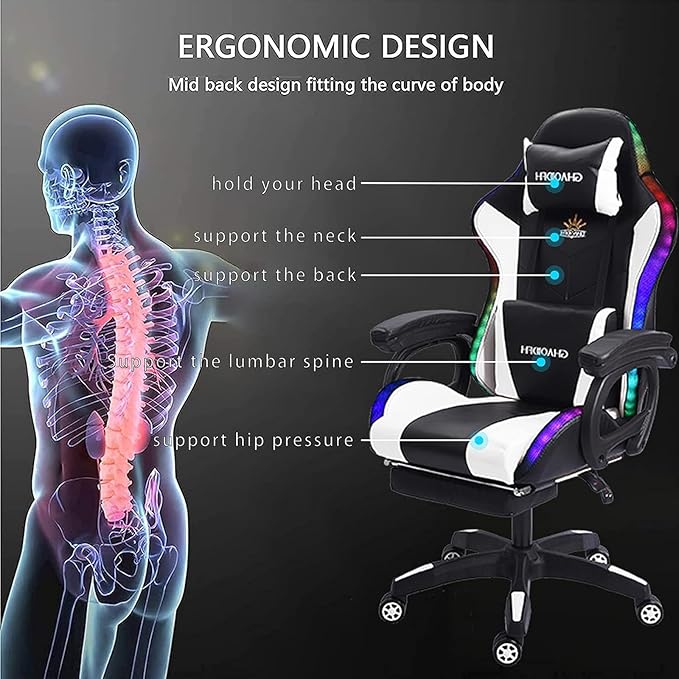 Video Gaming Chair with FootrestGame Chair with Bluetooth SpeakersComputer Chair with LED LightsErgonomic Massage Gaming Chair with Massage Function360°Swivel 90°-135° Adjustment Backrest (White)