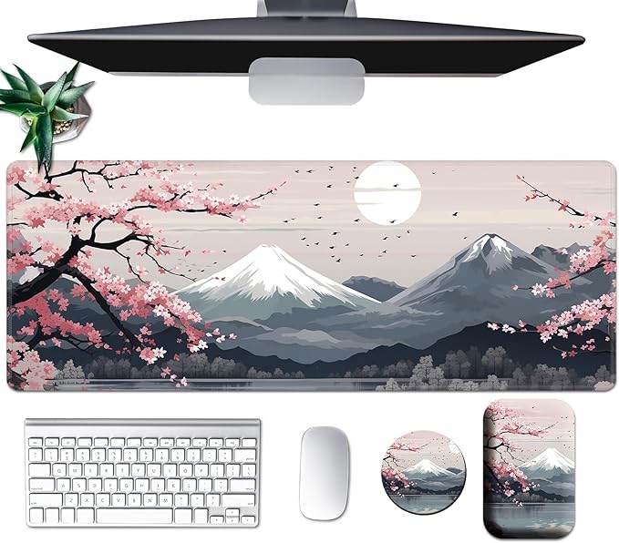 Large Mouse Pad Set Desk Mat + Elbow Rest Pad + Coaster Easy Typing Pain Relief Ergonomic Arm Rest Pad with Memory Foam Extended Desk Pad Anti-Slip Rubber Base for Home Cherry Blossom Mount Fuji