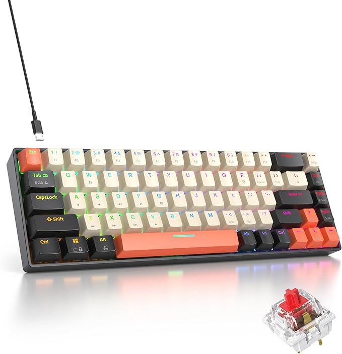 Orange Mechanical Gaming Keyboard 65 Percent Red Switch RGB Keyboard 65% 68 Keys Small Wired Key board PBT Keycaps Anti-Ghosting Mini Keyboards for Business Trips Game/Office (68 Carbon)