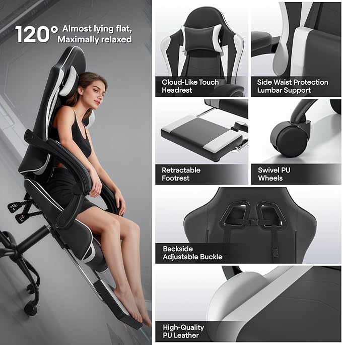 Athena Collection Gaming Chair Ergonomic Gaming Chair with Footrest &amp Headrest Lumbar Support Height Adjustable Swivel Computer Chair Office Chair for Kids Adults(White)
