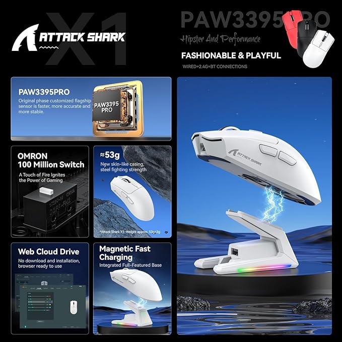 ATTACK SHARK X1 Superlight Wireless Gaming Mouse with RGB Magnetic Charging Dock BT/2.4G Wireless/Wired Gaming Mouse PAW3395PRO Gaming Sensor 40000DPI 53g Office Mice for PC/Mac/Win/Xbox (White)