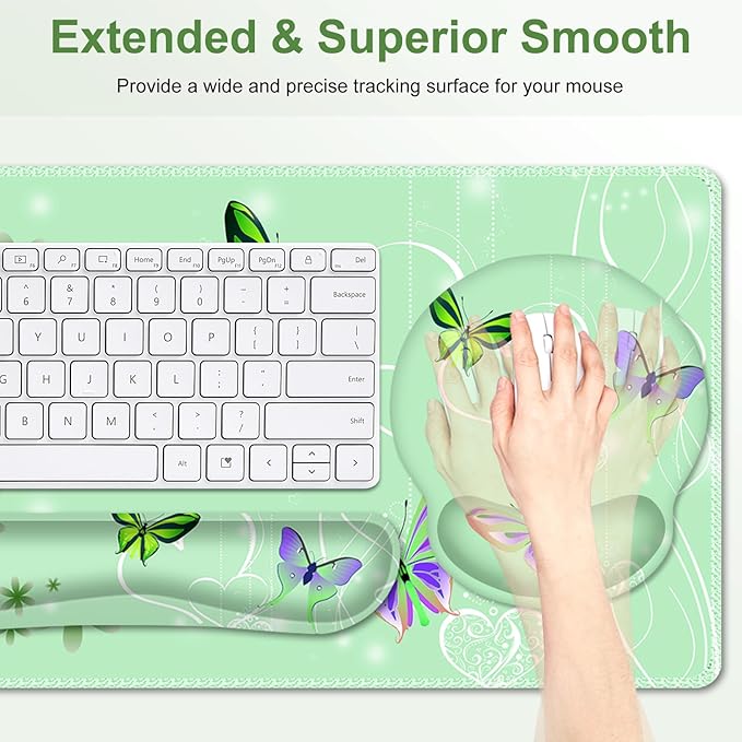 Mint Green Butterflies Florals Mouse Pad XXL Large Desk Mat Extended Reading Desk pad 4PCS Non-Slip Rubber Base Computer Big Mousepads for Work Game Office Home Decor Cute Girls Woemn Gifts