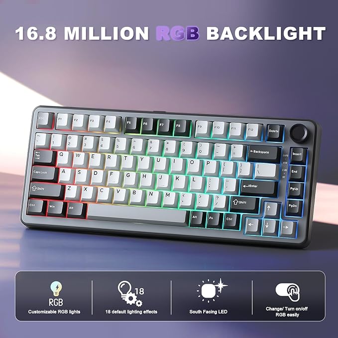 YUNZII B75 PRO Wireless Mechanical Keyboard75% Layout with KnobHot Swap Gasket StructureCreamy Pre-lubed SwitchesRGB BacklitBluetooth/Type-C/2.4G for Win/Mac (Dark Grey Milk Switch)