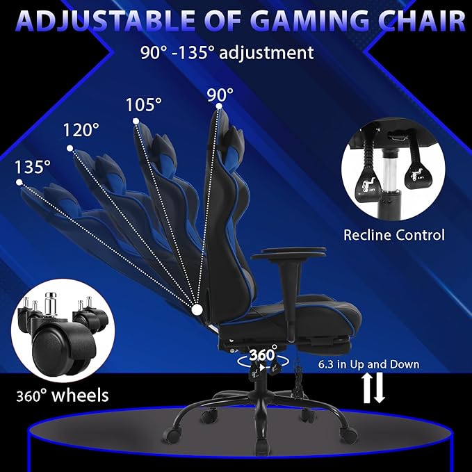 PayLessHere Racing Gaming Chair Office Massage Chair Ergonomic Recliner with Computer Desk PU Leather Lumbar Support Footrest Rolling Swivel and Task Function Ultimate Comfort for Adults (Blue)