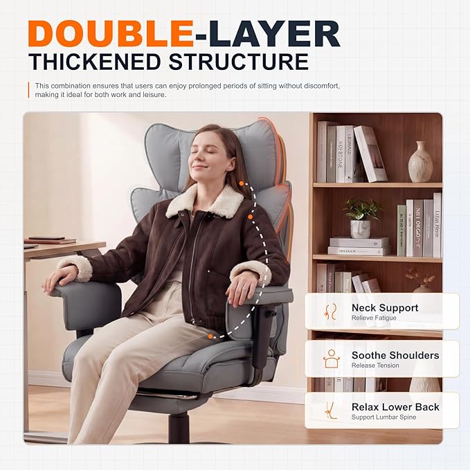 Dowinx Big and Tall Office Chair with Pocket Spring CushionHigh Back Computer Gaming Chairs with Adjustable Armrests and Lumbar SupportExecutive Desk Chairs with Footrest(PU LeatherGrey)