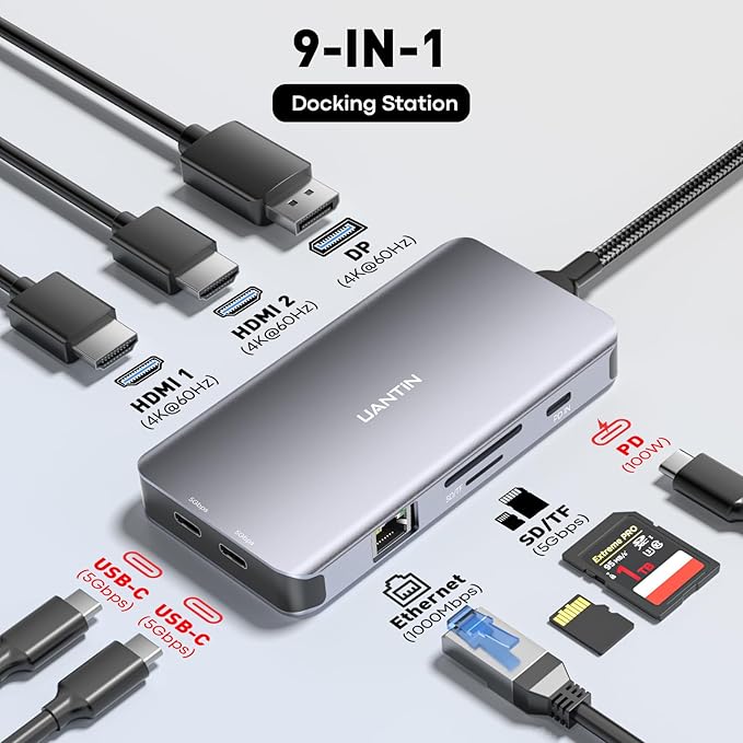 USB C Docking Station Dual Monitor Laptop Docking Station 3 Monitors Triple 4K 60Hz Display with 2 HDMI DisplayPort 1Gbps Ethernet 100W PD 2 USB-C Data USBC Dock for Dell HP Lenovo etc