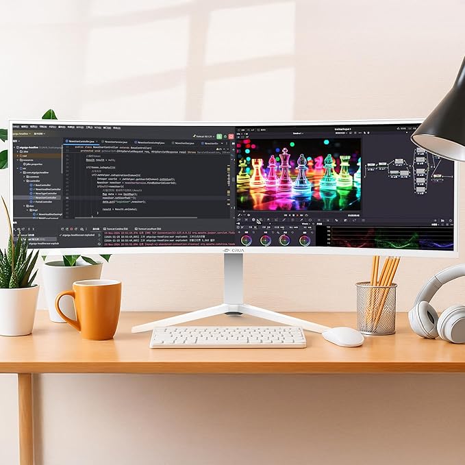 CRUA 49 White Curved Monitor | DQHD(5120 * 1440) 120Hz 1500R 32:9 AMD FreeSync 120% sRGB Height Adjustable Ultra-Wide Screen Computer Monitors HDMI 2.1 &amp DP 1.4 Wall Mount Install