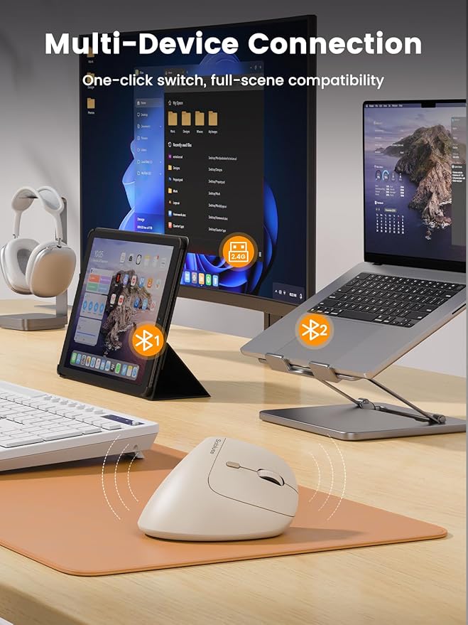 SABLUTE MAM3 Ergonomic Mouse Rechargeable Wireless Vertical Mouse with 4 Adjustable DPI for Small/Medium Hands Dual-Device Connectivity for Computer/PC/LaptopBluetooth Mouse for WindowMac OSBeige