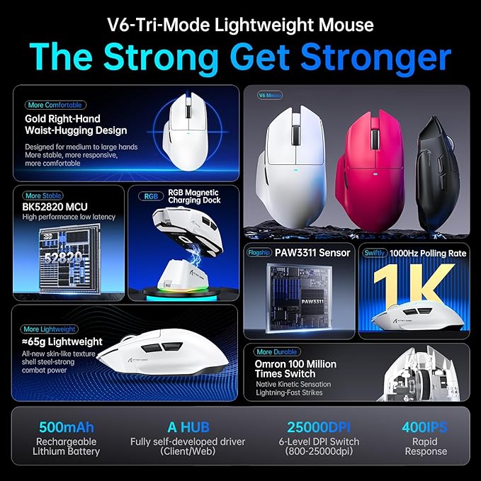 ATTACK SHARK V6 Wireless Gaming Mouse with RGB Charging Dock 25K DPI PAW3311 Sensor 1K Polling Tri-Mode PC Mice500mAh Battery Cloud-Based AI Driver for Win/MacBlack