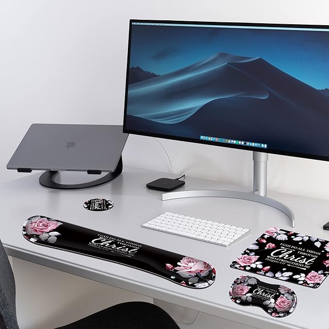 Mouse Pad with Wrist Rest+Keyboard Wrist Rest+Coaster All in One Mouse Pad Set of 4 for Easy Typing Pain Relief RYUITHDJP Memory Foam Wrist Support for Office Home Inspirational Quote Christian