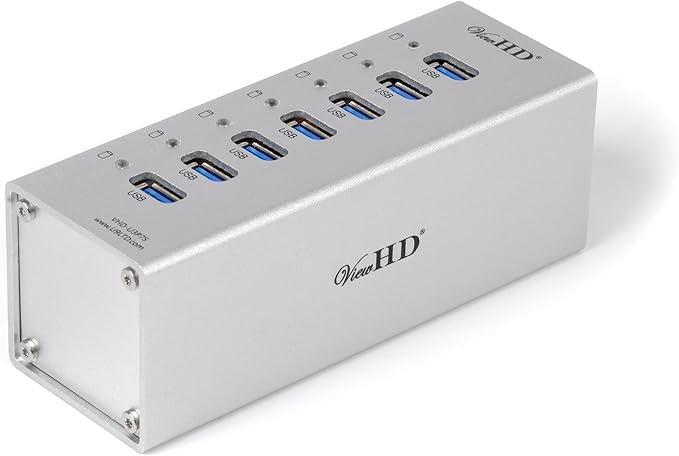 ViewHD Professional Premium Quality USB 3.0 7-Port Hub with On/Off Power Switch + 12V 4A Power Adapter + USB Cable in Full Metal Case (Silver) | VHD-U3P7S