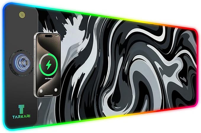 TARKARI Magnetic Wireless Charging RGB Mouse Pad Large Gaming Desk Mat Waterproof 31.5x11.8 Black Mousepad Ultra-Smooth Surface Non-Slip Rubber Base Desk Pad for Keyboard Laptop
