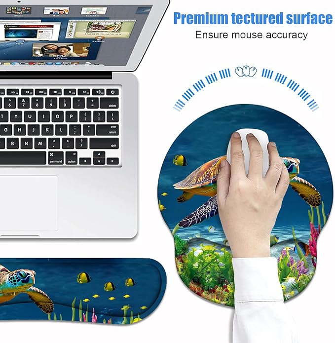 Keyboard Wrist Rest + Mouse Pad Wrist Support Set with Coasters Non-Slip PU Base Ergonomic Mousepad for Home Office Working Studying Easy Typing &amp Pain Relief Sea Turtle