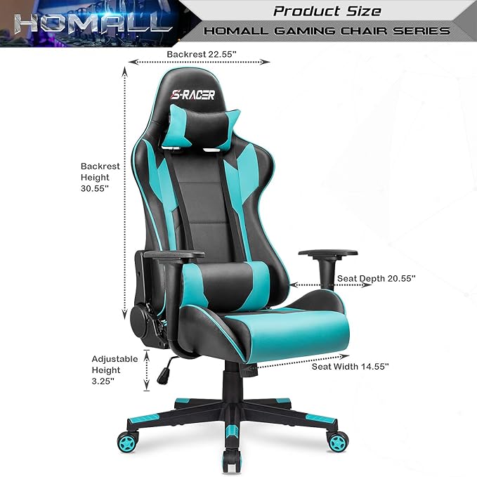 Homall Gaming Chair Office Chair High Back Computer Chair Leather Desk Chair Racing Executive Ergonomic Adjustable Swivel Task Chair with Headrest and Lumbar Support(Cyan)