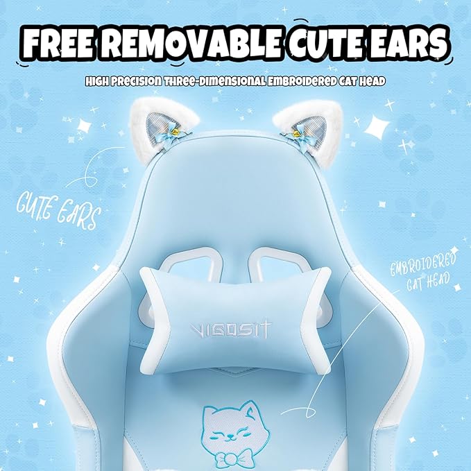 Gaming Chair Cute Cat Computer Chair with Footrest and Headrest Ergonomic Gaming Office Desk Chair with Lumbar Cushion Height Adjustable 360° Swivel Recling Chairs for Adults