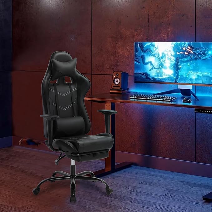 Gaming Chair with FootrestErgonomic Office ChairAdjustable Swivel Desk ChairReclining Computer Chair with Lumbar Support and HeadrestRacing Style Video Gamer ChairBlack