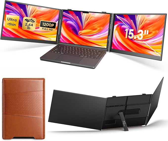 NGTeco 15.3” Triple Laptop Screen Extender 1200P Portable Monitor Extended Plug-and-Play 4.6MM Ultra-Thin 2.64LB Compatible with 14-17.3” Mac/Windows Laptops