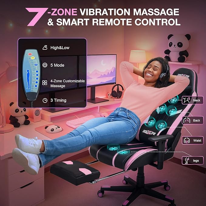 Douxlife 7-Point Massage Gaming Chair with Footrest 400lbs Heavy Duty Ergonomic Computer Chair 175° Reclining High Back Racing Seat for Adults with Adjustable Armrests &amp Lumbar Support Black Pi