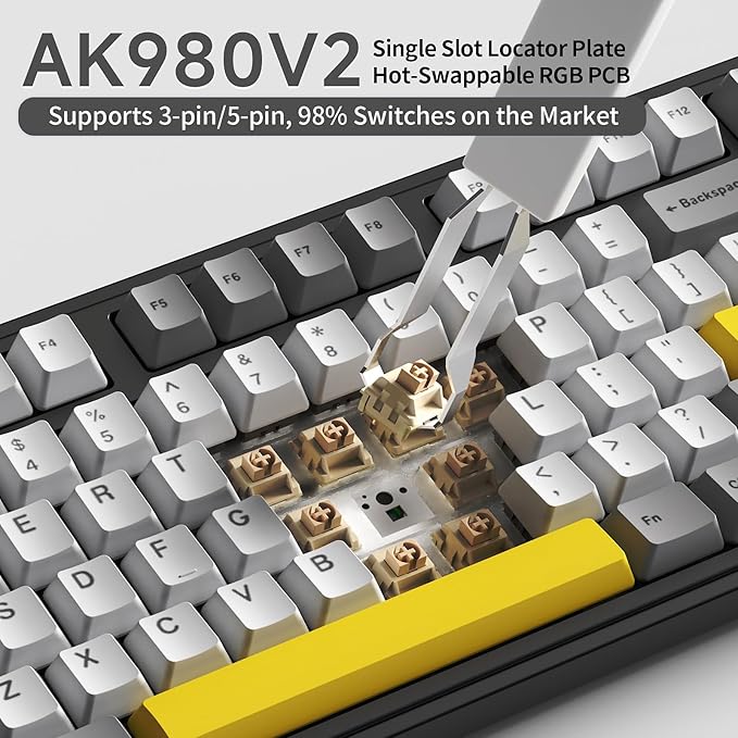 NACODEX Ajazz AK980 Grey Yellow Wireless Mechanical Gaming KeyboardTri-Mode BT5.0/2.4GHz/USB-C Hot Swappable Custom Keyboard RGB Backlit Computer Gaming Keyboards for PC/Tablet/PS/Xbox