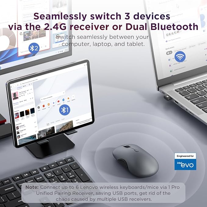 Lenovo 700 Multi-Device Wireless Mouse Bluetooth or 2.4 GHz USB-A Connection Connect up to 3 Devices 36 Month Battery Life Luna Grey
