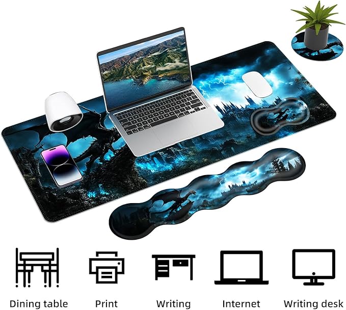 Keyboard Mouse Pad Set Extended Gaming Mouse Pad+Ergonomics Keyboard Wrist Rest Support Memory Foam Easy Typing Pain Relief 4Pcs XL Ultra Thick Desk MatDragon and Castle Stormy Sky