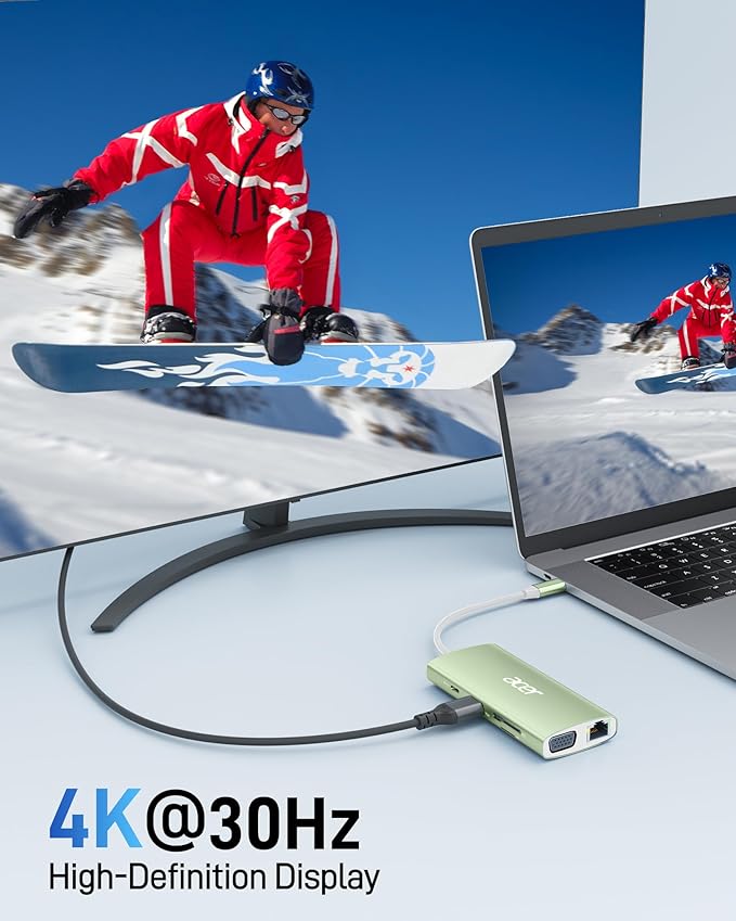Acer USB C Hub with 4K HDMI 9-in-1 USB C to Ethernet Adapter 5Gbps USBA 3.0 Docking Station VGA Splitter SD Card Reader PD 100W Charging for MacBook Acer Laptops Surface and More (Green)