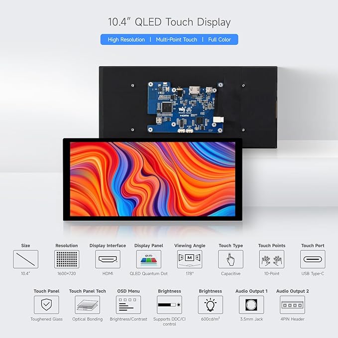 waveshare 10.4inch QLED Quantum Dot Display 1600×720 Resolution Compatible with Raspberry Pi 5/4B/3B/Zero/Zero W/Zero 2W/Pico/Pico W/Pico WH Jetson Nano and PC
