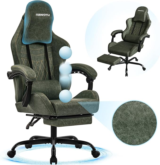 Gaming Chair Big and Tall Green Leather Video Game Chairs with Footrest Padded Linkage Armrests &amp Large Headrest Ergonomic Computer Chair 350lbs for Adults Gaming or Office Use