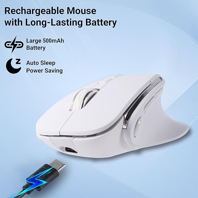 Ergonomic Mouse JigglerBluetooth Vertical Wireless MouseLED Rechargeable Optical Computer Mice Portable(BT5.2 or USB 2.4GHz) Dual Mode1000/1600/2400 DPI8 Buttons for LaptopPCMacbook (white)