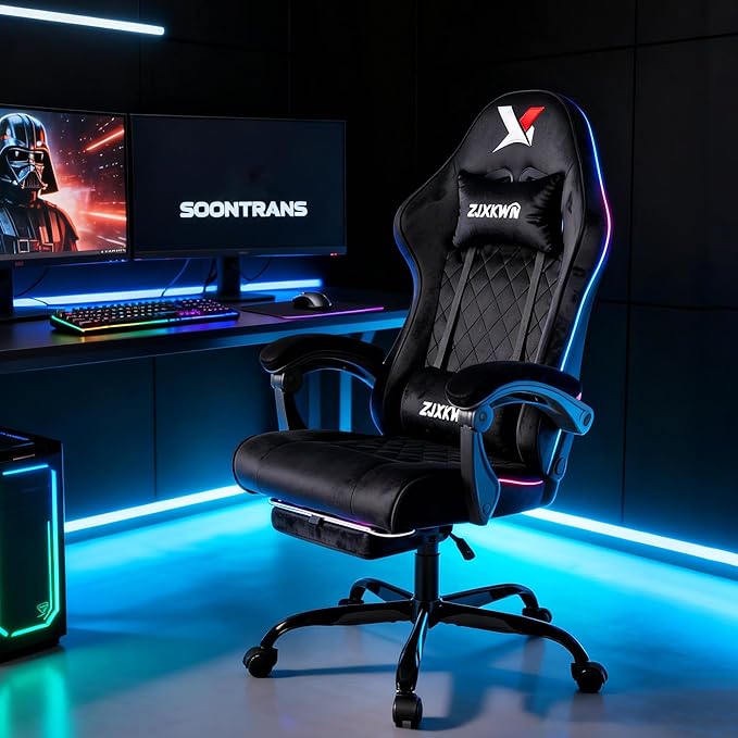Gaming Chair with Footrest Ergonomic Computer Chair with Headrest &amp Lumbar Support Skin-Friendly Velvet Adjustable Height &amp Backrest Linked Armrest for Gamer Home Adults Office RestBlack