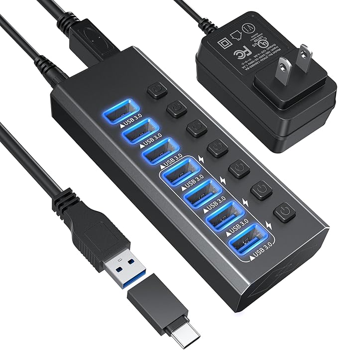 Powered USB Hub 3.0 GKEAPZA 7-Port USB 3.0 Hub [Durable Aluminum] 7 Data Transfer Ports+ 4 Smart Charging Ports with Individual On/Off Switches USB Hub 3.0 Powered with Power Adapter for Laptop PC