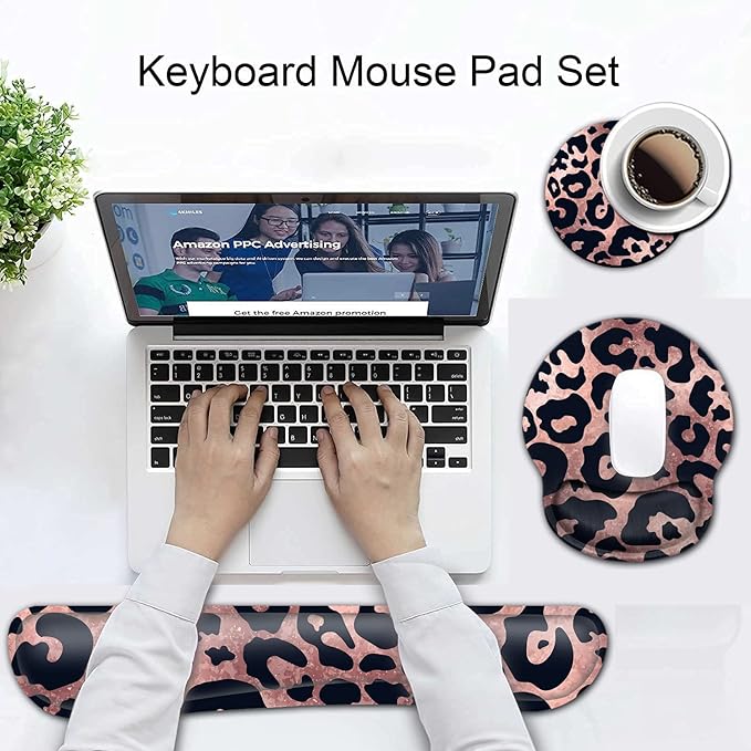 Ergonomic Mouse Pad Gel Wrist Support and Memory Foam Keyboard Wrist Rest Set for Gaming Computer Office Laptop Easy Typing Wireless Mouse Mat Black Leopard Rose Pink Pattern Office Desk Pad