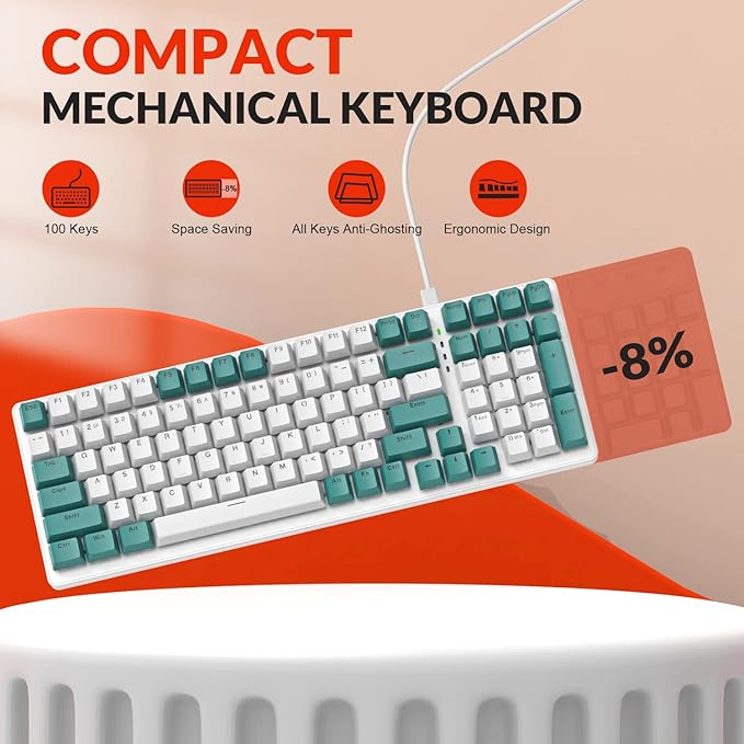 ZIYOU LANG K3 Mechanical Gaming Wired KeyboardLED Rainbow Backlit Linear Red Switch 100 Keys Full Anti-ghostingErgonomic Durable ABS Mixed Color Keycaps with Coiled Type-C to USB Cable-Green