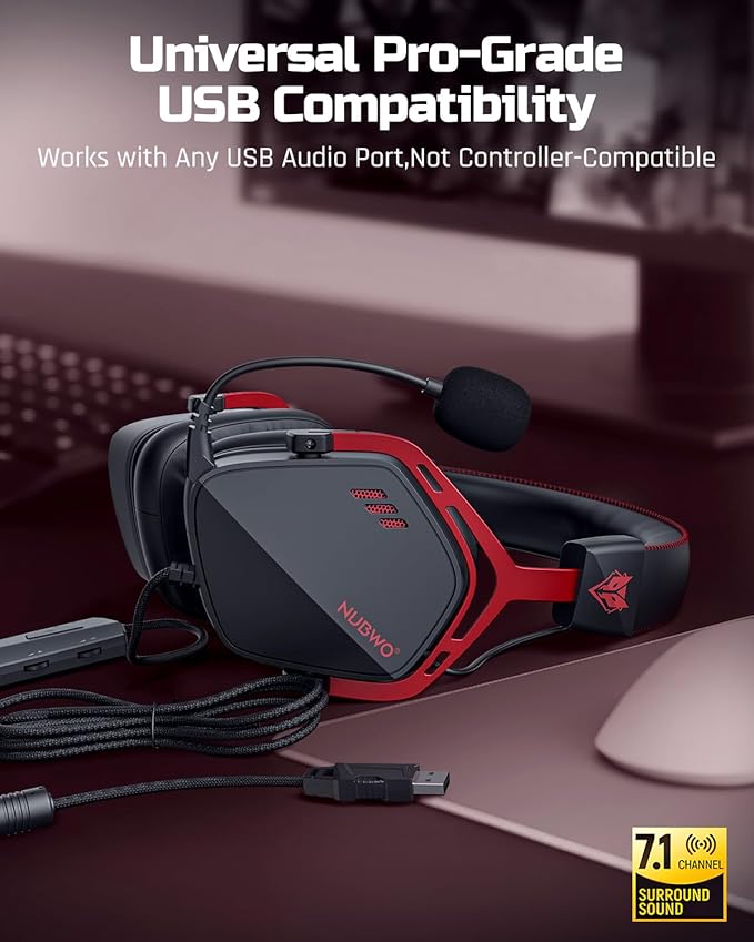 NUBWO HG03 USB-A Gaming Headset with 7.1 Surround and FPS Sound Wired Headphones with Noise Canceling Mic Comfortable Design for PC Laptop - Black Red