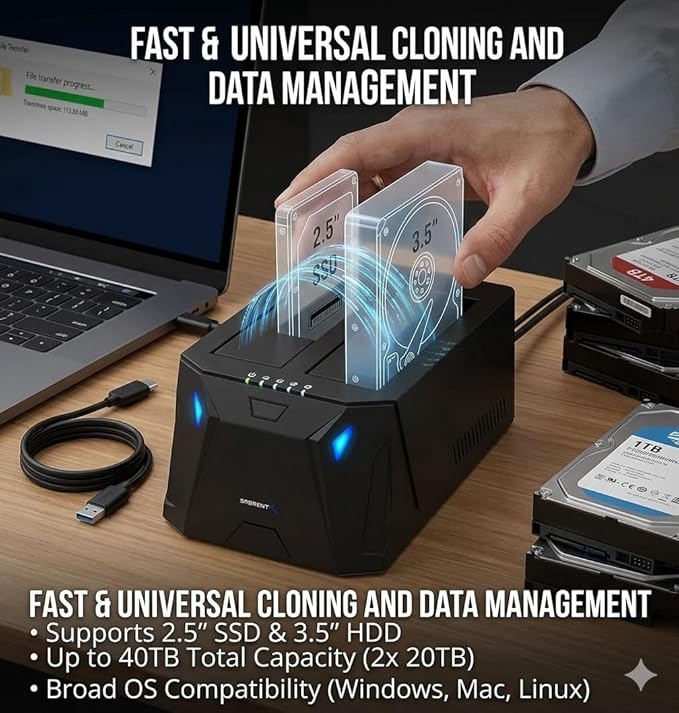SABRENT USB 3.0 to SATA I/II/III Dual Bay External Hard Drive Docking Station for 2.5 or 3.5in HDD SSD with Hard Drive Duplicator/Cloner Function [20+TB Support] (EC-HD2B)