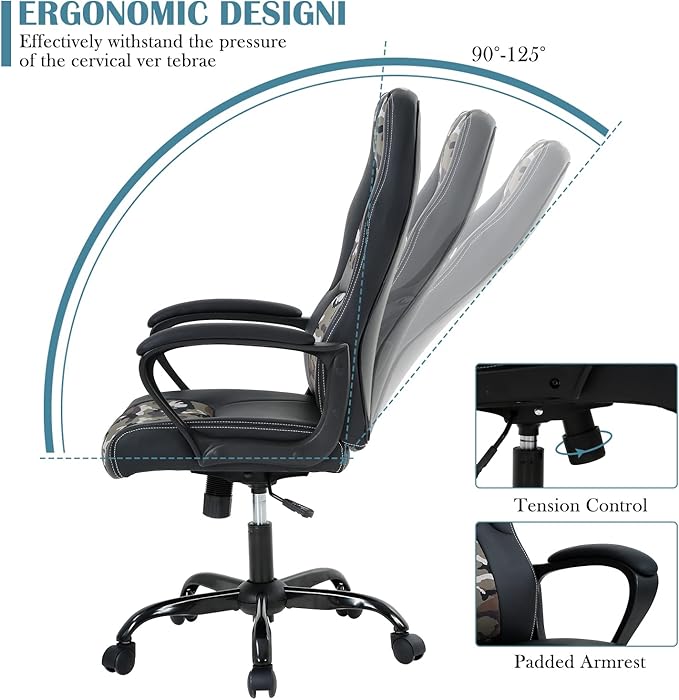 Computer Chair Ergonomic Desk Chair Racing Gaming Chair with Armrest &ampHeight Adjustable High Back Computer E-Sports Chair Task Swivel Executive Seat PU Leather Chair for Home Office (Camo)
