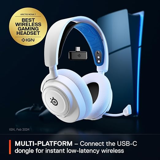 SteelSeries Arctis Nova 7P Wireless Multi-Platform Gaming Headset — Neodymium Magnetic Drivers — 2.4GHz + Bluetooth — 38Hr USB-C Battery — Gen2 AI Mic — PlayStation PC Switch VR Mobile - White