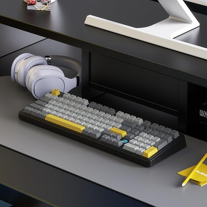 NACODEX AK980 Wired Mechanical Gaming Keyboard 98% Gasket Hot Swappable Keyboard with RGB Backlit PBT Keycaps Five-Layer Padding 101 Keys Gaming Keyboard Gray White Yellow