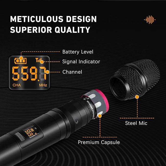 UM206 2 Channel Wireless Microphone System with Dynamic Mics 200ft Range UHF Frequencies Dual Wireless Handheld Mics for Karaoke Singing DJ Stage Church and Recording