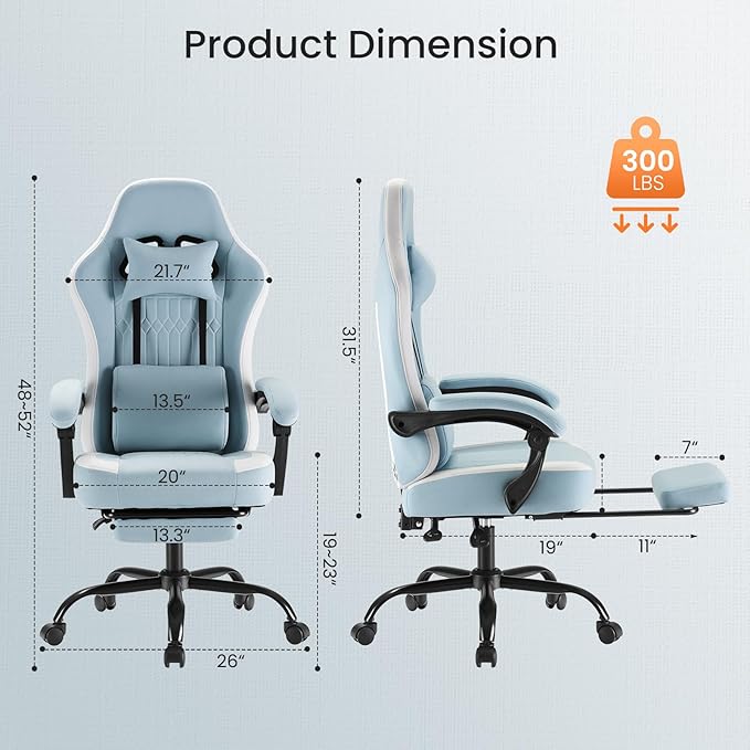 Sweetcrispy Video Game Chair - High Back Ergonomic Computer Desk Chair with Footrest &amp Lumbar Support Height Adjustable Task Chair with Linkage Armrests and Headrest 360° Swivel Wheels Blue