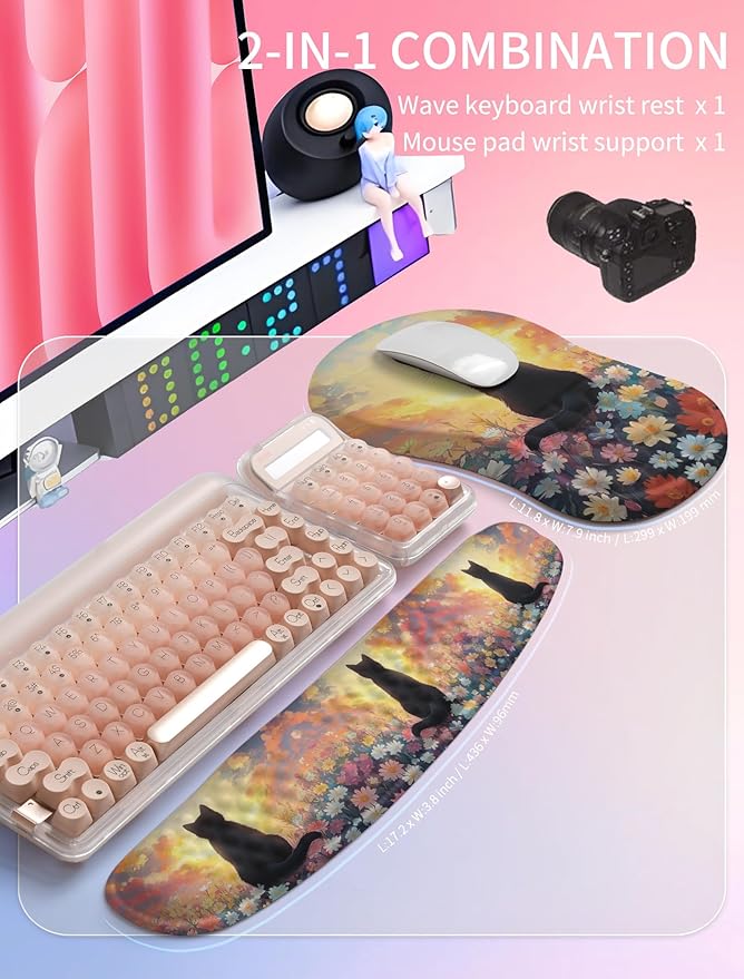 Hokafenle 2in1 Combination Wave Keyboard Wrist Rest and Ergonomic Curvature Mouse Pad Wrist Support for Relieve Wrist Pain Filled with Soft Cushion Memory Foam Wishing Cat